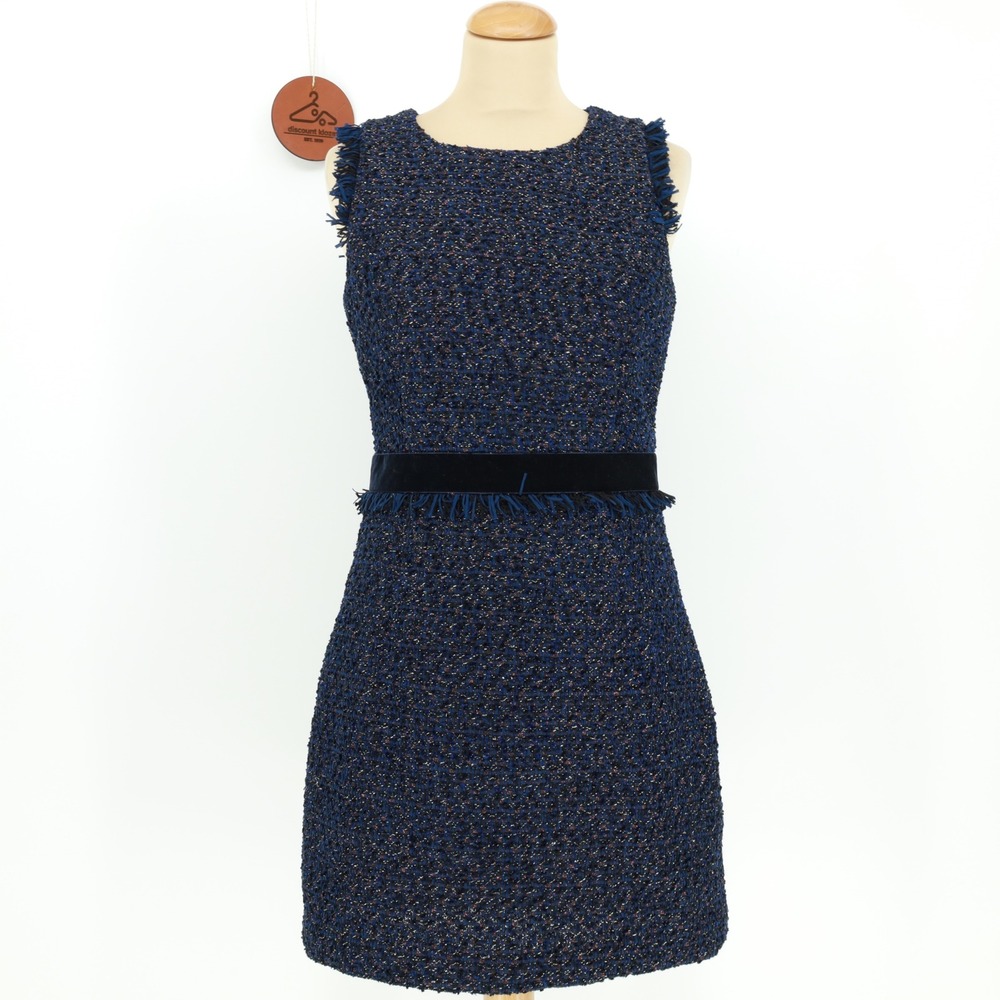 J.Crew Navy Blue Metallic Tweed Fringe Velvet Waist Shift Dress H3599 Size 4